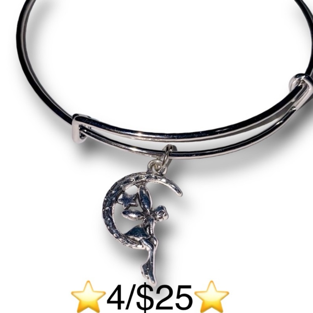 Expandable Silver Tone Charm Bracelet with Fairy on Crescent Moon Charm